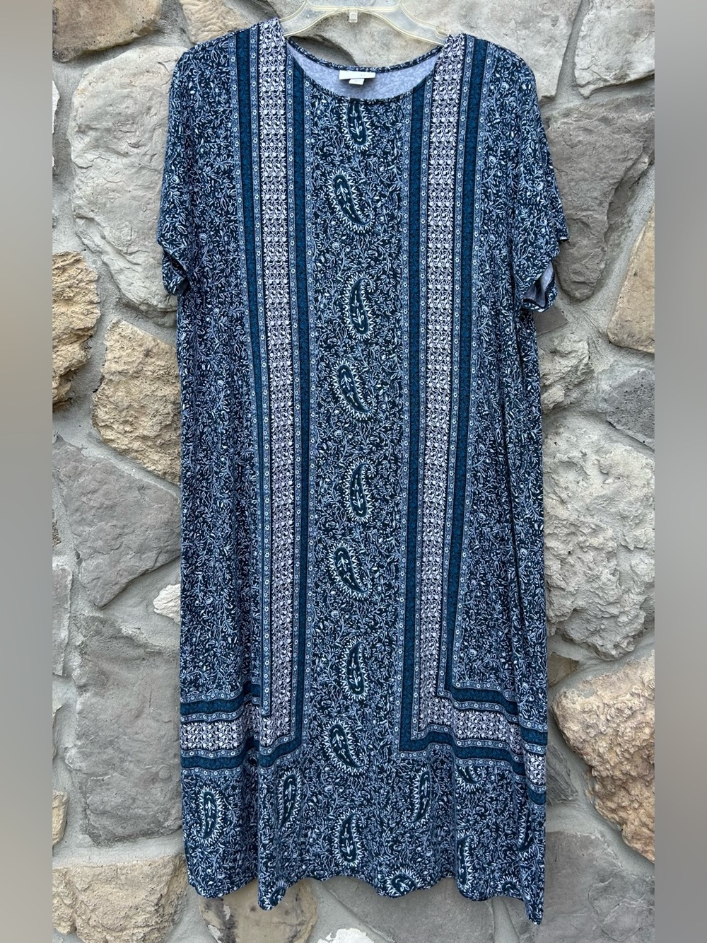 J. Jill Jersey Knit Dress Large TALL Blue Paisley Casual Soft Stretchy Beach